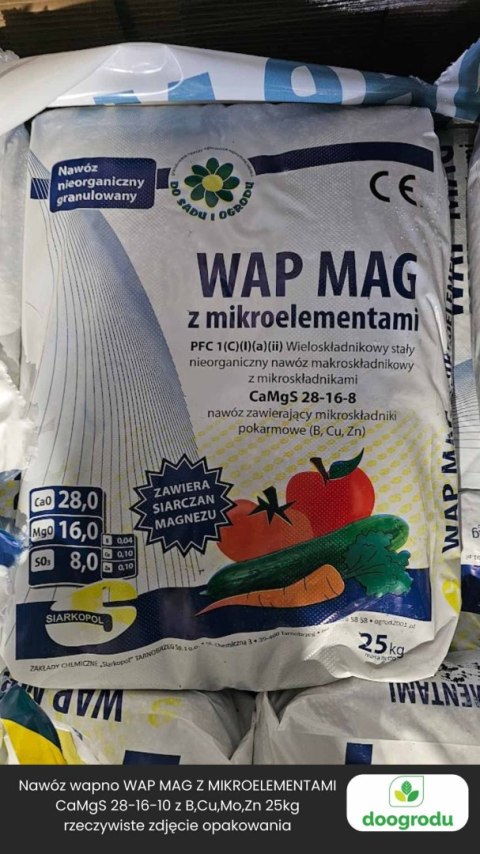 Nawóz Wapno WAP MAG Z MIKROELEMENTAMI pod trawnik Wapniowo Magnezowy CaMgS 28-16-10 z B,Cu,Mo,Zn 25kg
