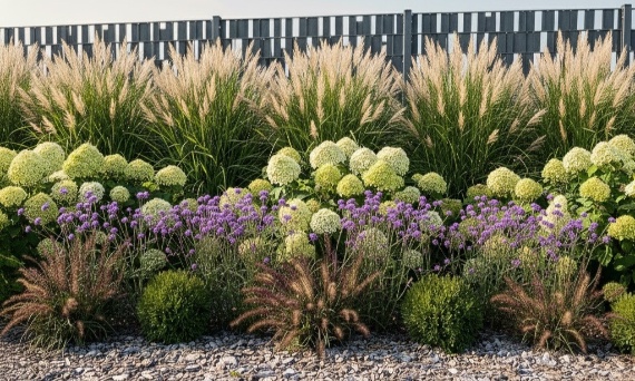 Nowoczesna rabata z hortensjami i trawami ozdobnymi