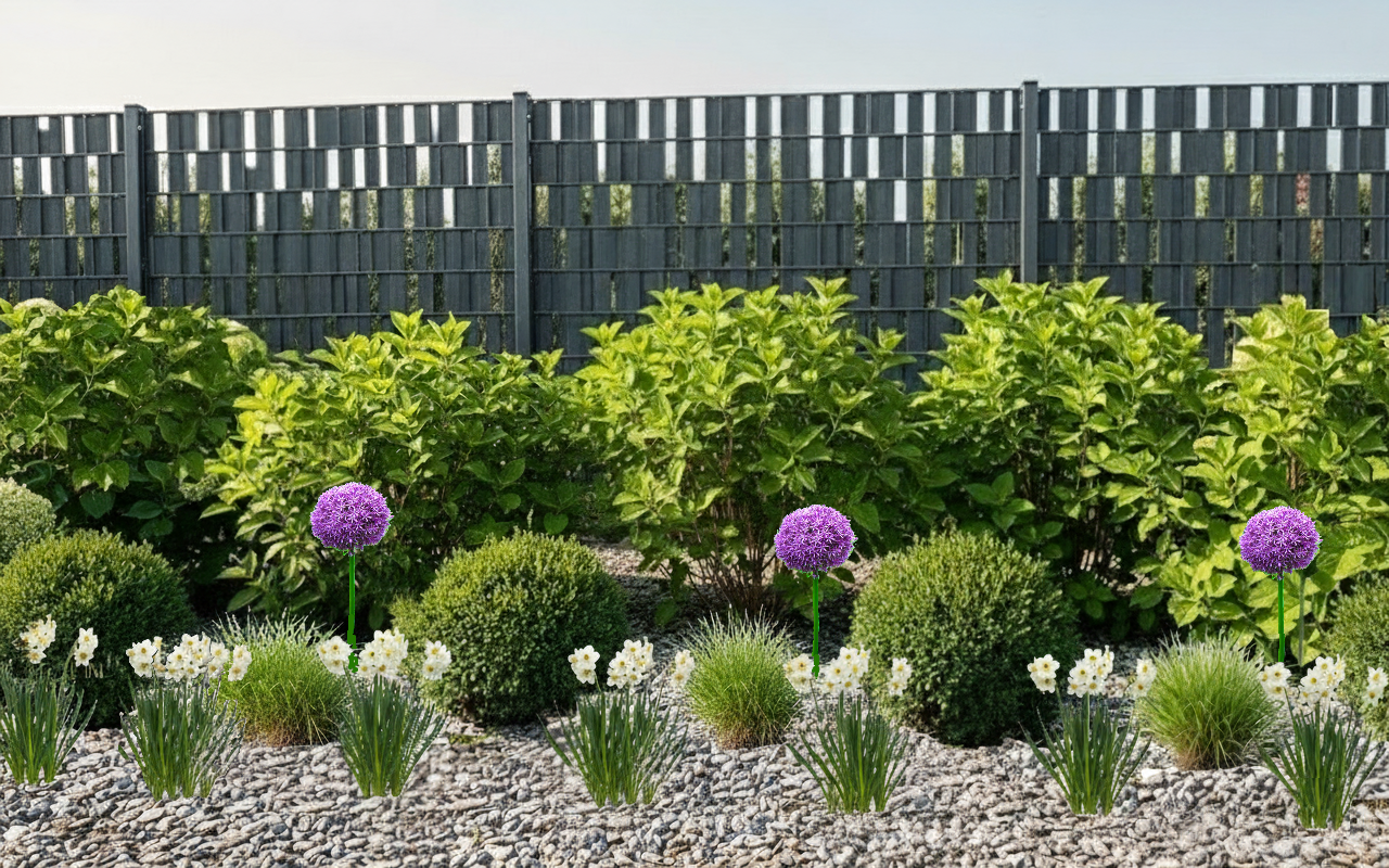 Nowoczesna rabata z hortensji i traw ozdobnych w maju