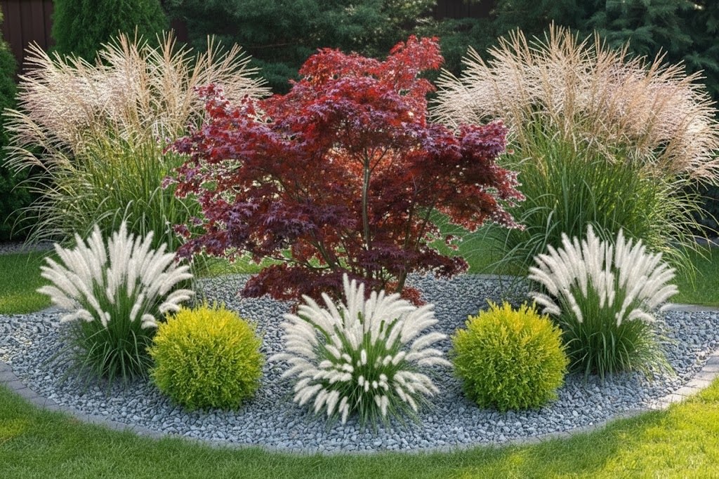 Mała rabata z klonem palmowym we wrześniu